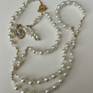 4/$100 white ROSARY Elegant Pearl and Gold Necklace